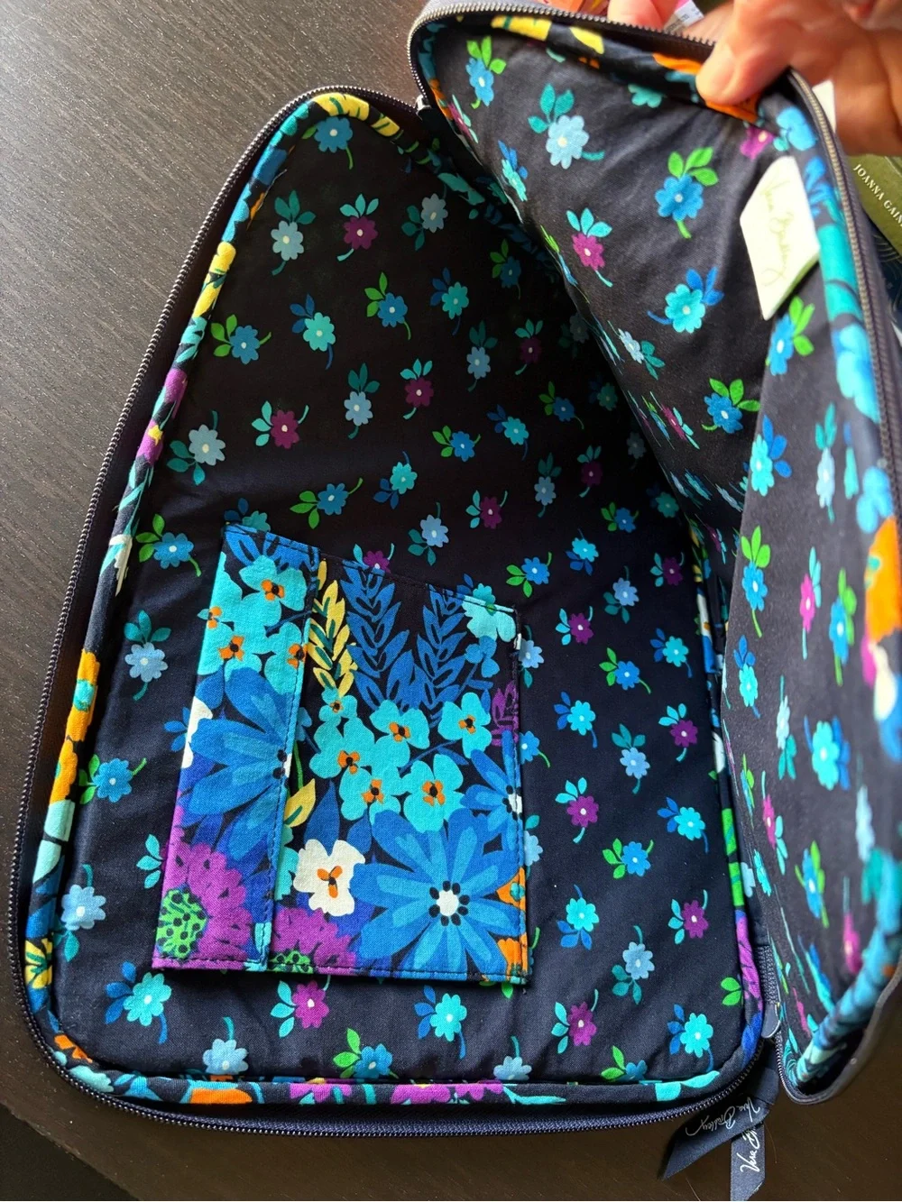 Vera Bradley Black Quilted Laptop Sleeve with Blue Floral Print